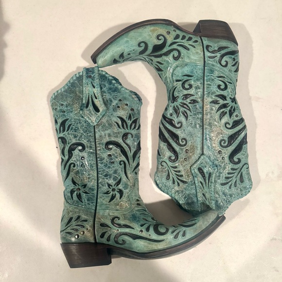 Black Star Boots Tooled Floral Paisley Leather Tall Western Boots Turquoise 9.5 - Picture 2 of 7